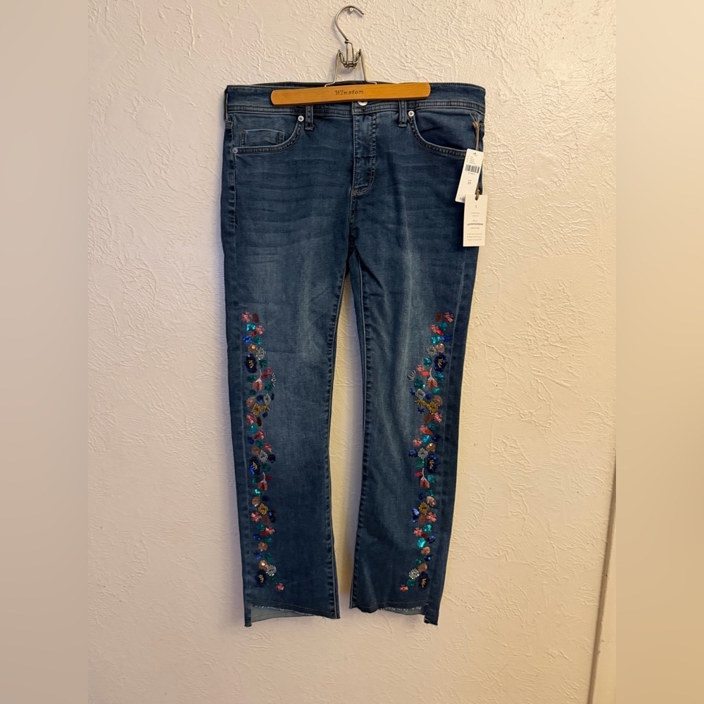 Anthropologie Blue Jeans with Colorful Floral Accents - Picture 2 of 9